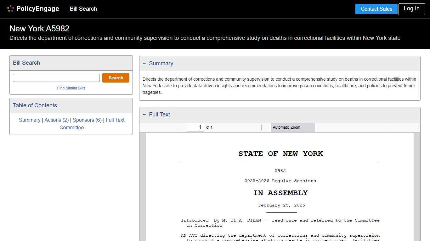 A5982 New York 2025-2026 Directs the department of corrections and community supervision to conduct a comprehensive study on deaths in correctional facilities within New York state - Legislative Tracking PolicyEngage
